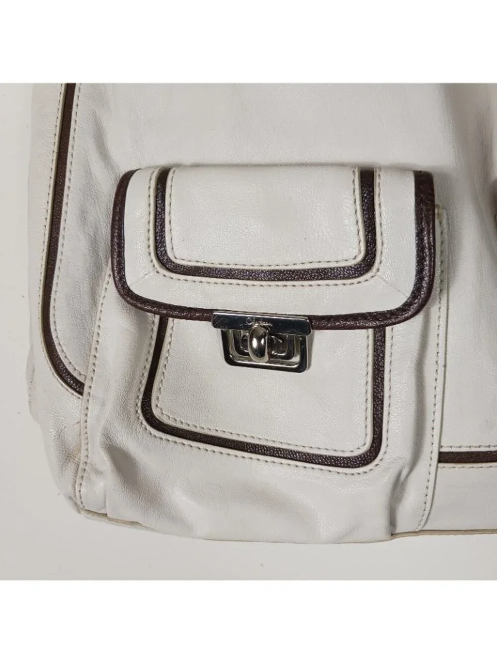 Cole Haan Leather Buckle Trim Multi Pocket Shoulder Bag Womens Ivory Brown